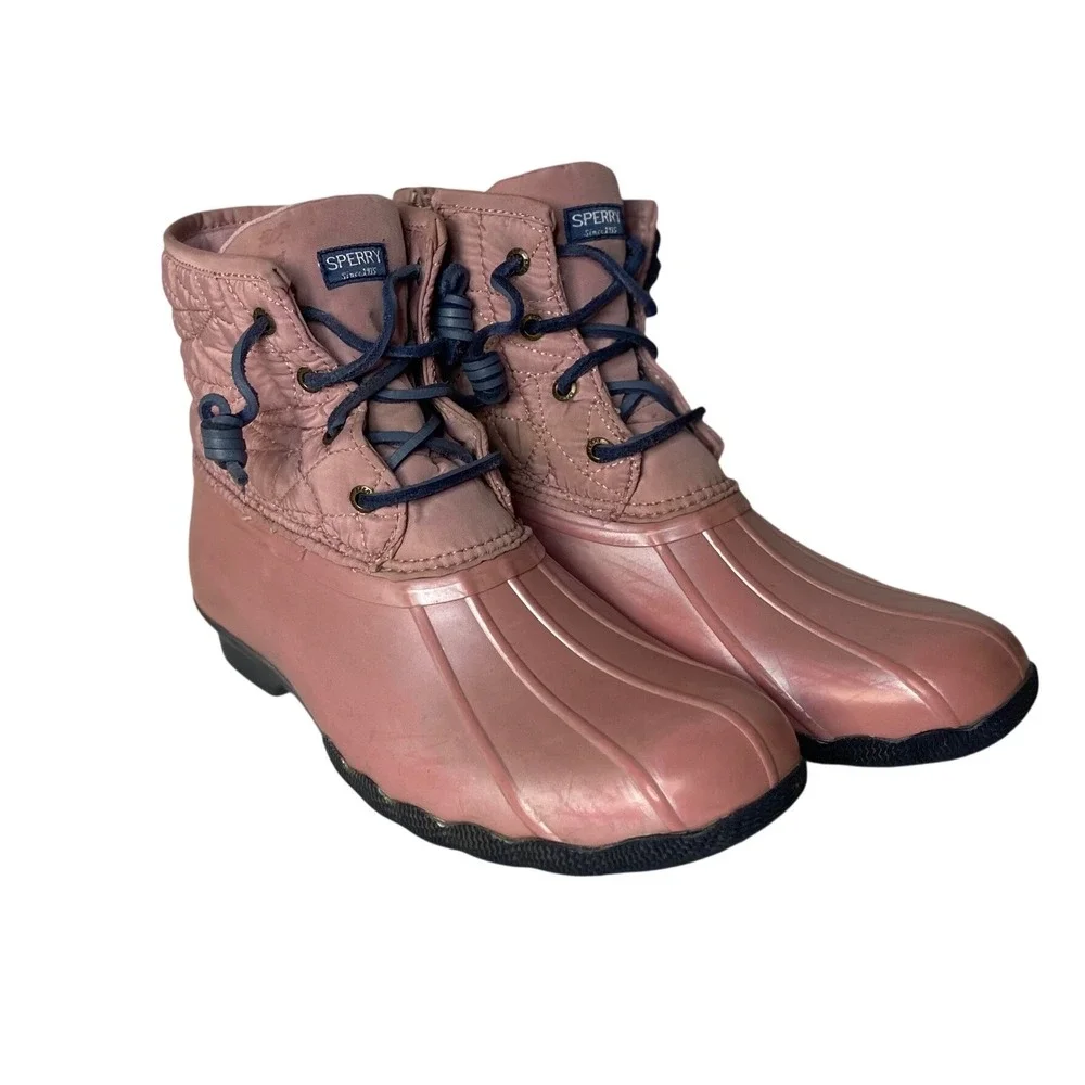 Sperry Saltwater Boots‎ Girls Pink Quilted Waterproof Lace Up Side Zip Size 5M